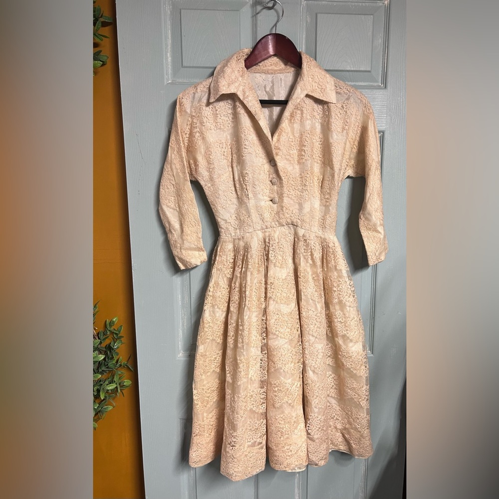 Vintage 50s Arkay Lace Fit And Flare Dress Beige Sunday Easter Cocktail Fancy